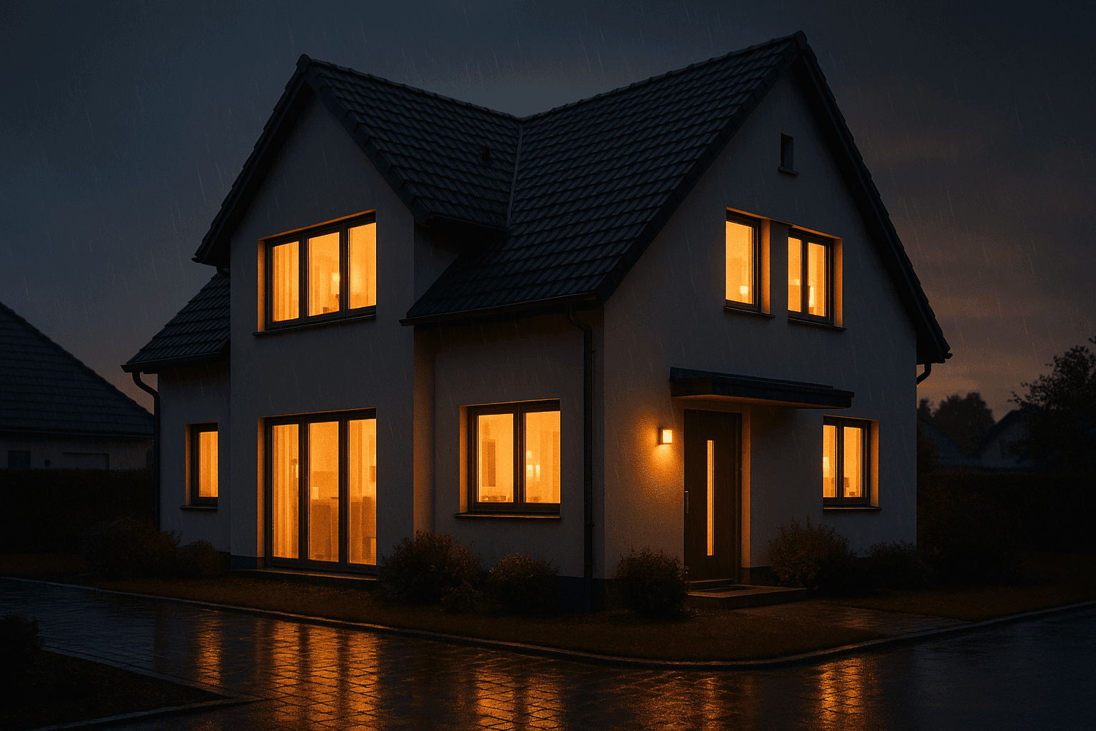 Modernes deutsches Wohnhaus in der Dämmerung