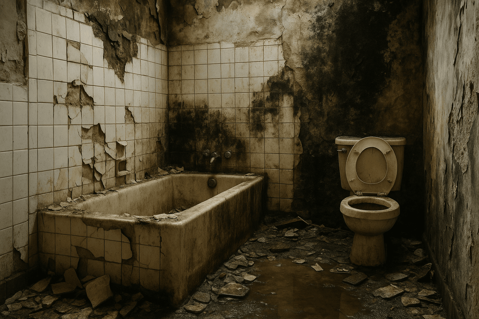 Zerstörtes Badezimmer nach schwerem Wasserschaden